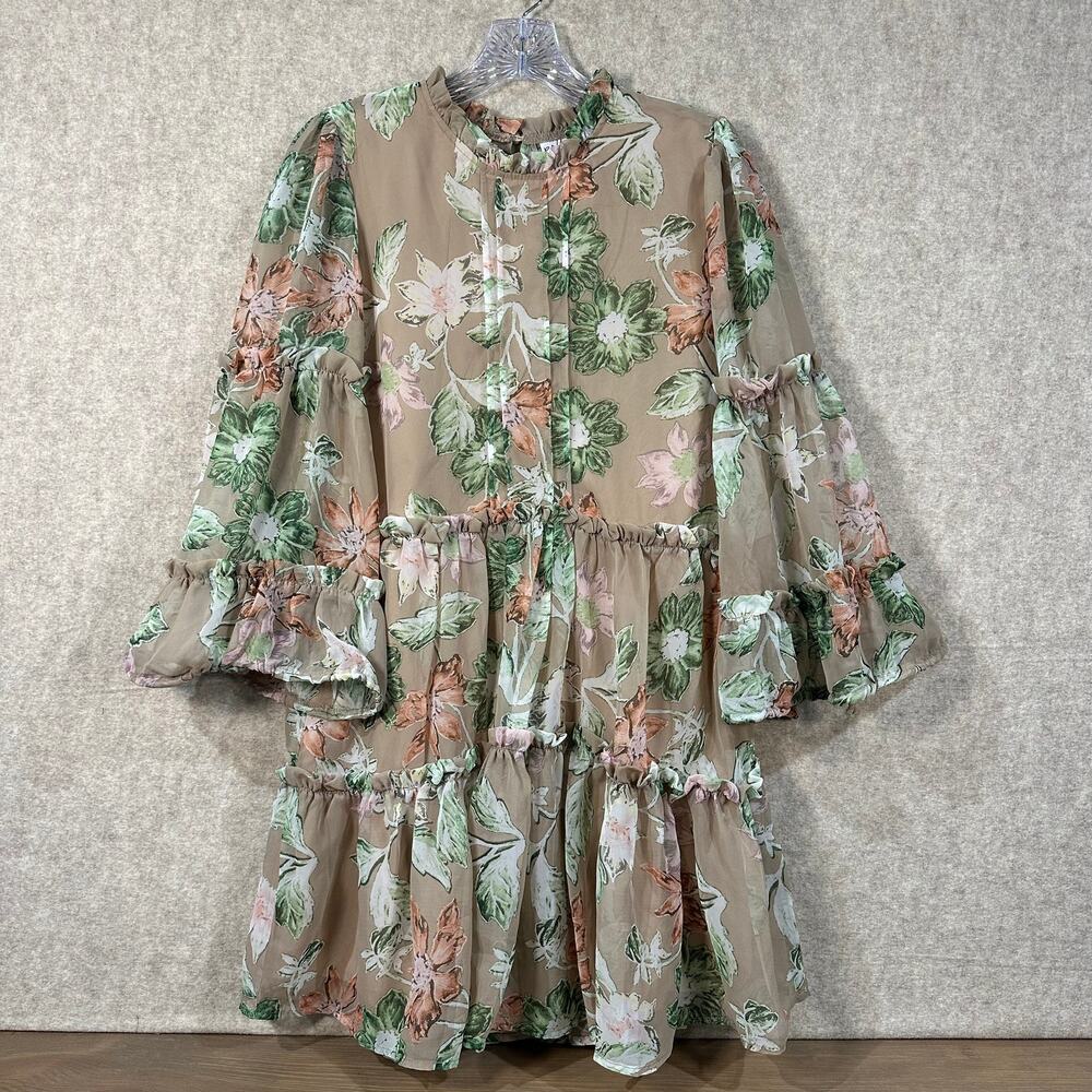 Princess Polly - Eden Bloom Floral Mini Beige Floral Ruffle Tiered Dress Size 4